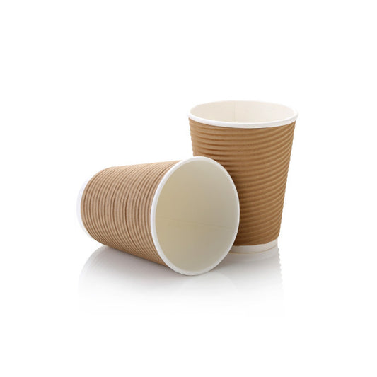 A ripple design paper coffee cup in a beige color, with a lid and a stand, on a white background.
